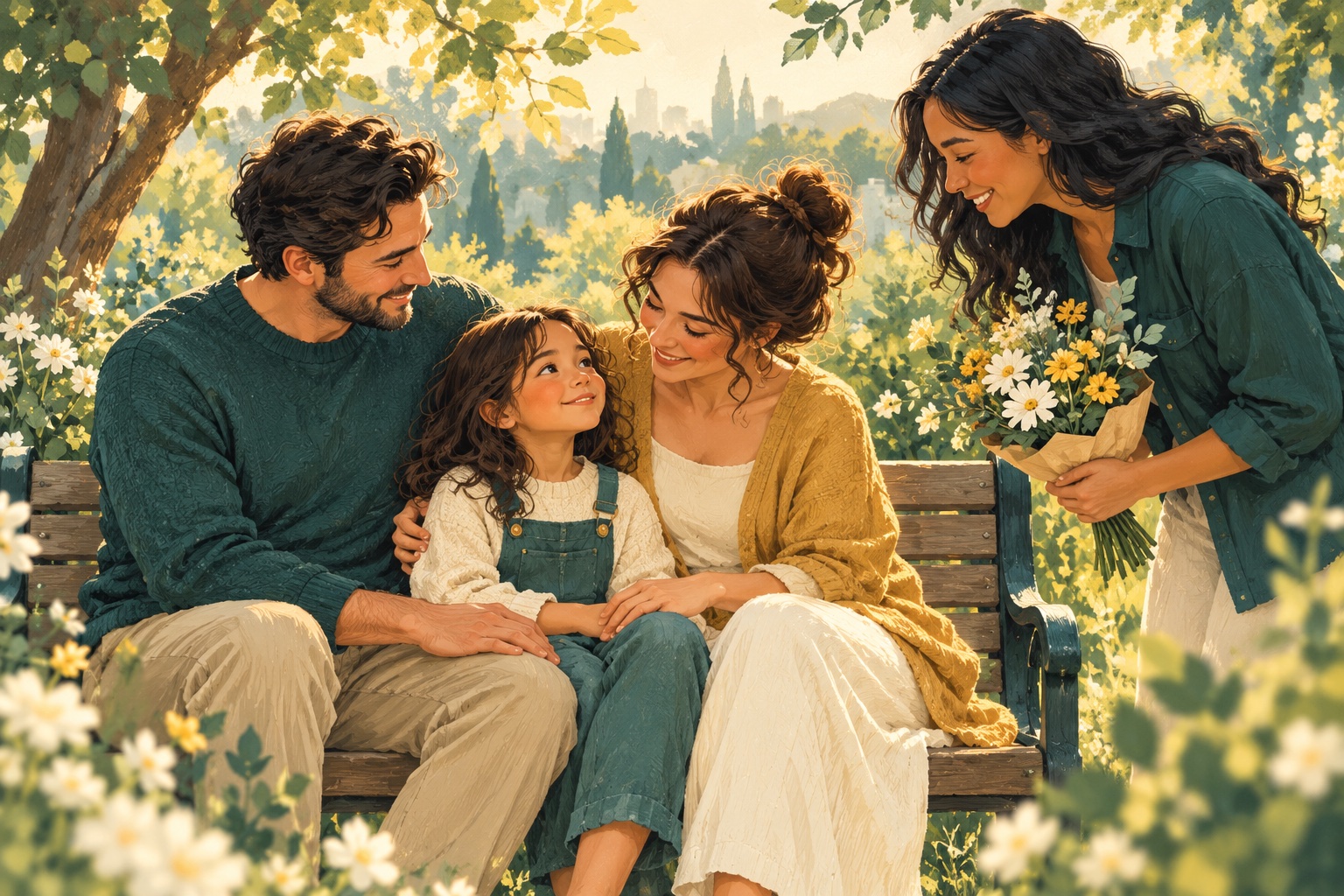 Illustration: A family sharing a peaceful moment on a garden bench