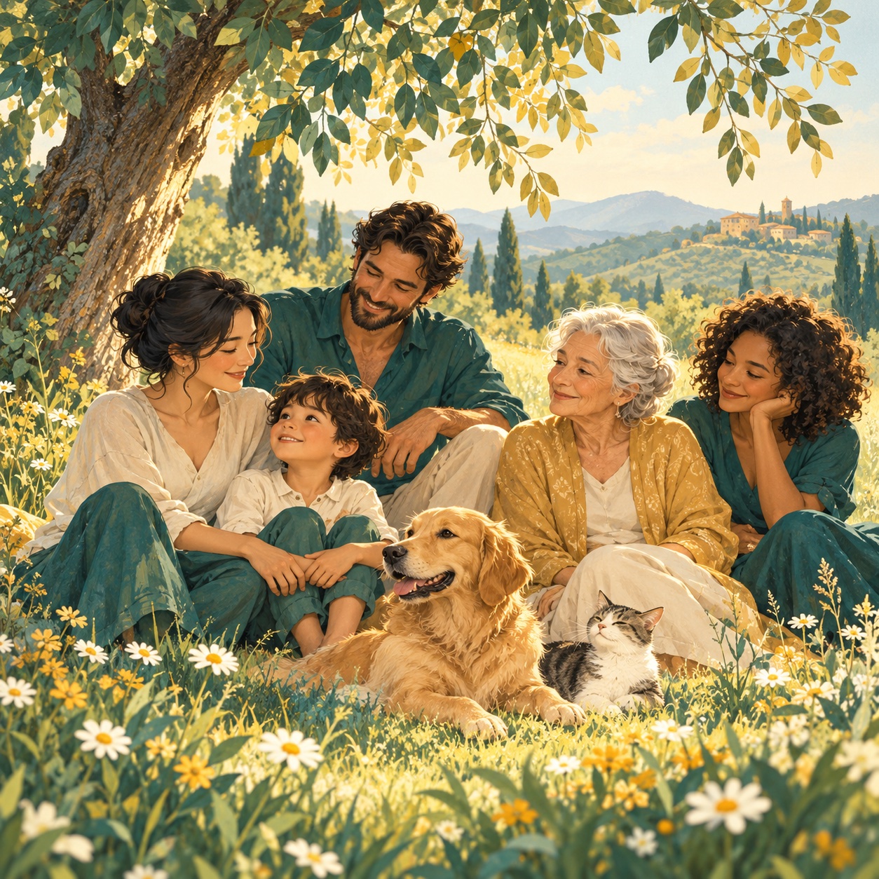 Illustration of people and animals sharing a hopeful moment