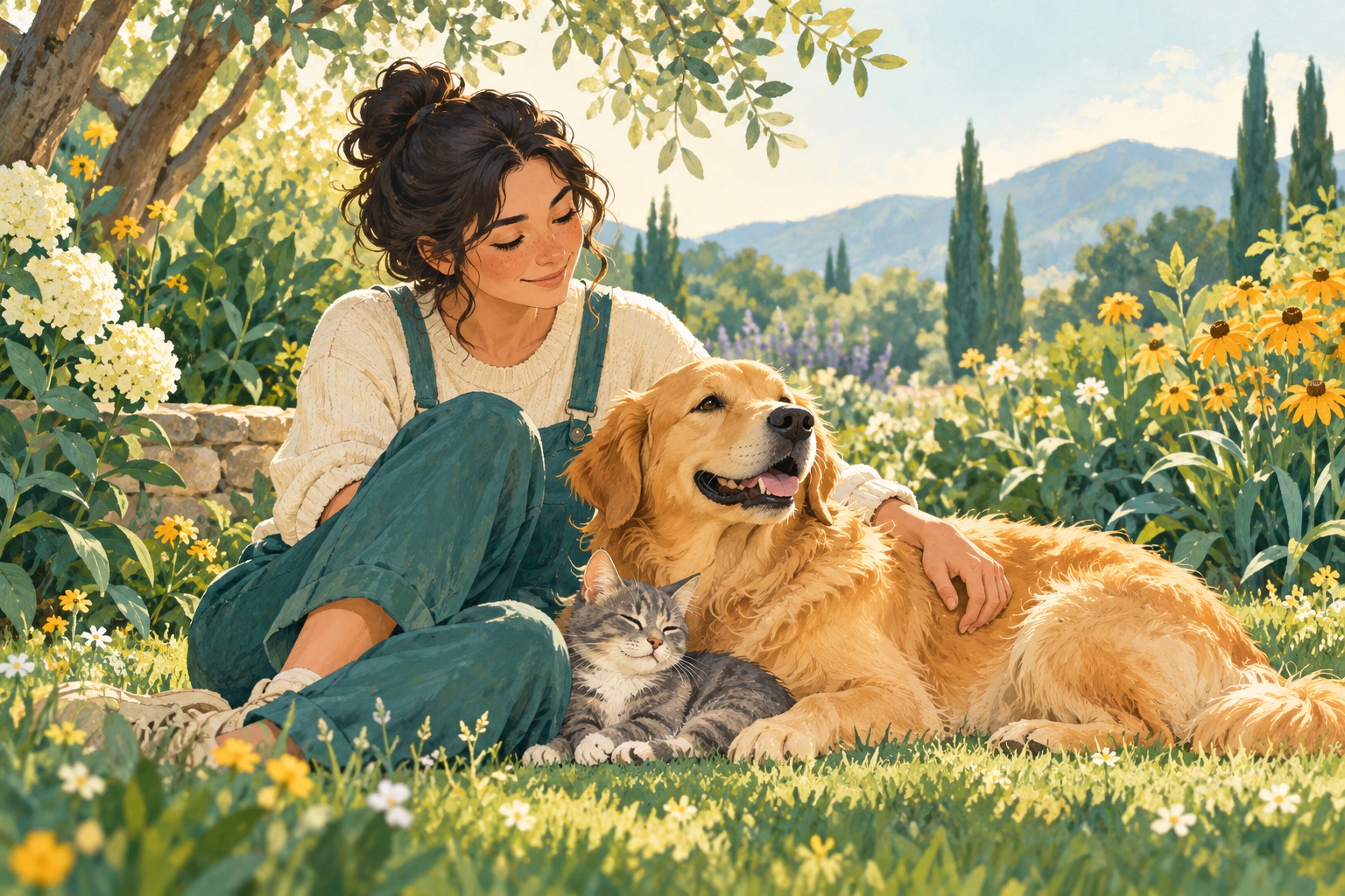 Illustration: A caregiver sitting in a garden with a dog and a cat