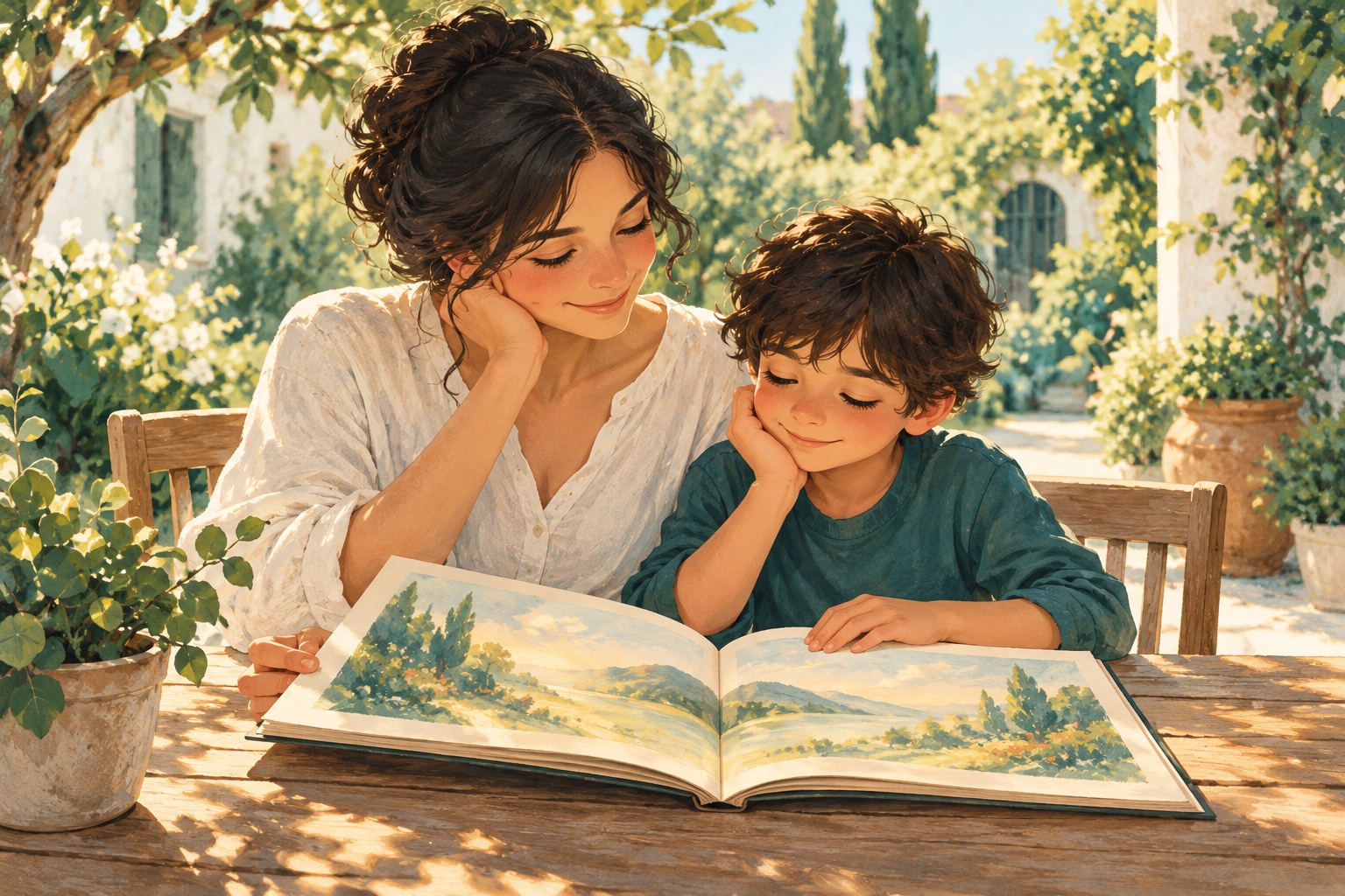 Illustration: A parent and child reading together in a sunlit garden
