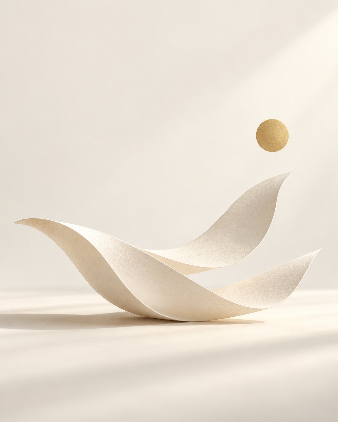 Abstract ivory paper forms lifting toward a small golden light